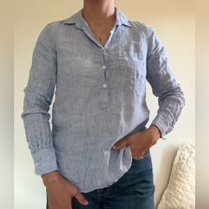 J. CREW Essential Linen Blue and White Stripe Button Up - Size 4